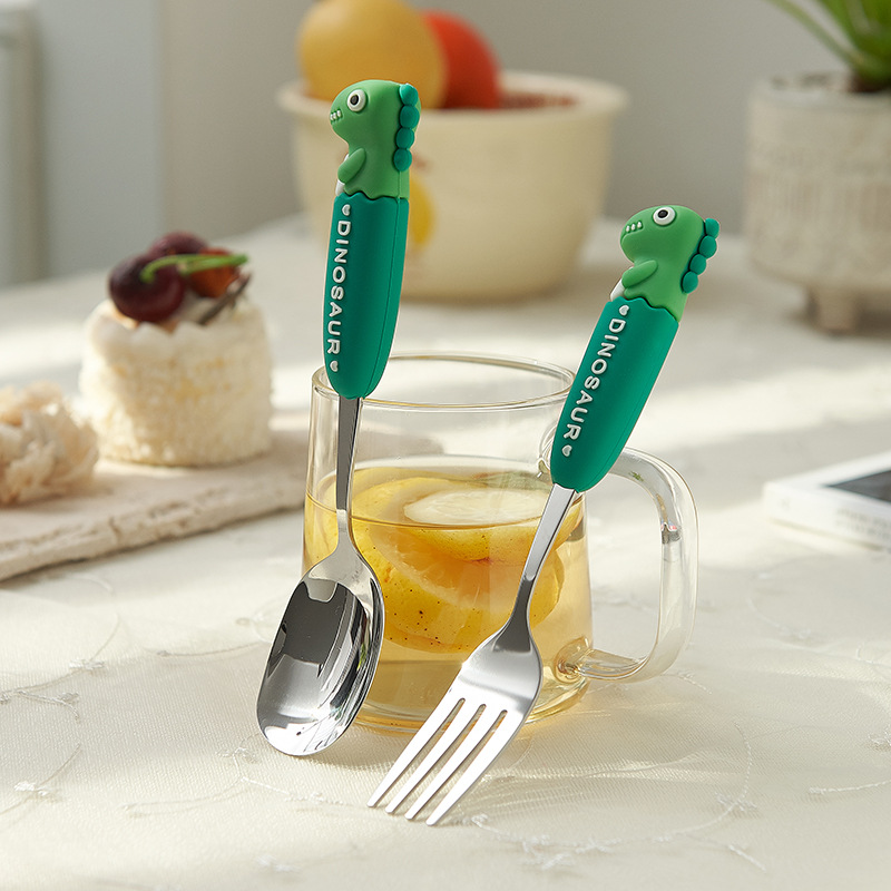 卡通系列小恐龙不锈钢餐具防烫手柄叉勺多色可选少儿西餐餐具刀叉