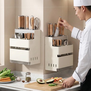 厨房刀架置物架壁挂式 刀具筷子筒一体收纳架多功能台面置物架 新款