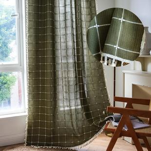 窗帘成品美式 复古绿色拼色撞色半遮光防晒客厅阳台厨房飘窗帘家用