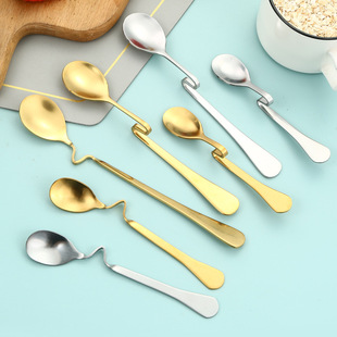 不锈钢S型弯柄咖啡勺扭曲悬挂杯勺搅拌汤匙甜品家金色创意斜直挂
