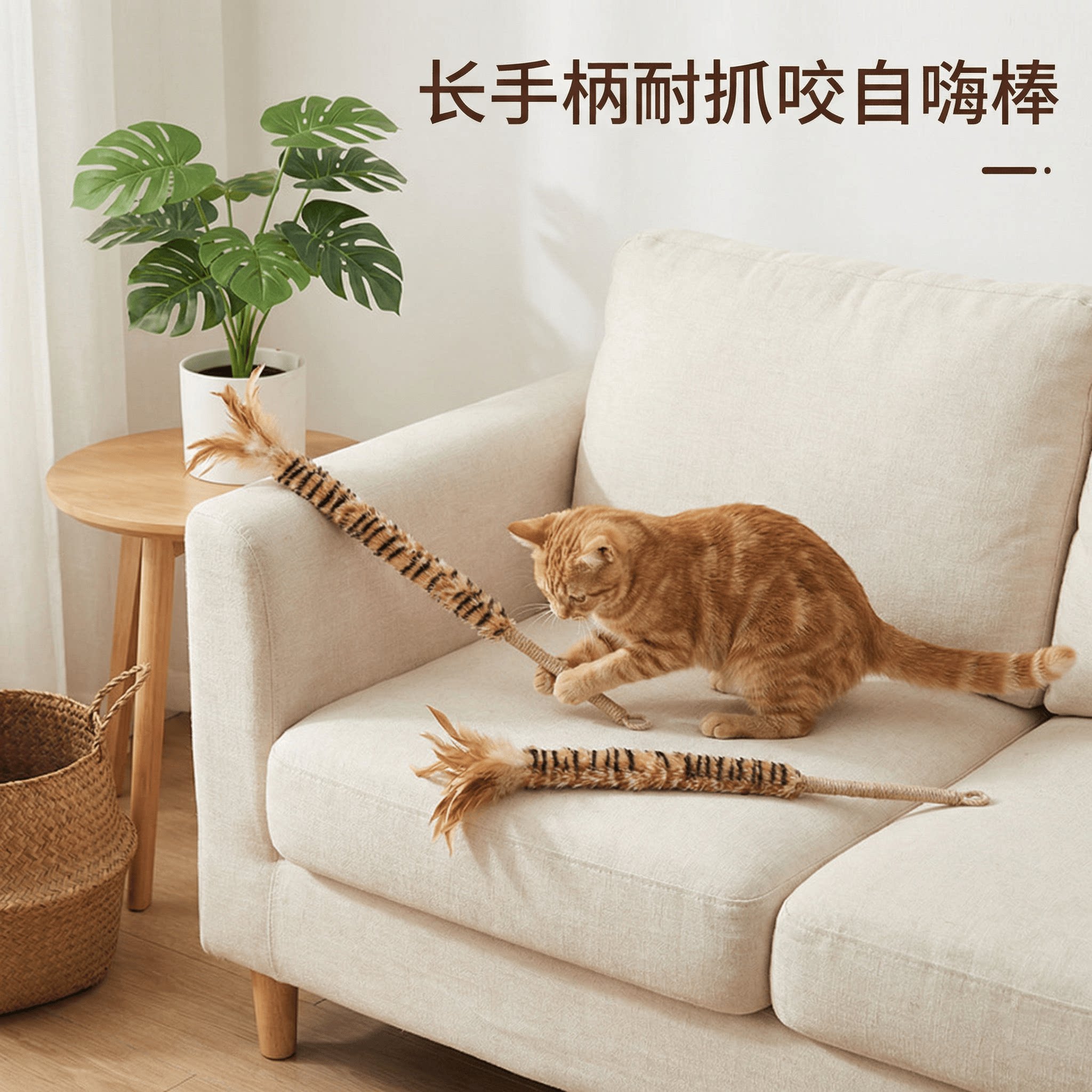 鸡毛掸子长杆逗猫棒羽毛麻绳手柄耐抓咬自嗨解闷消耗体力宠物用品