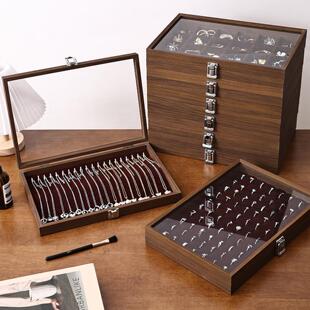 胡桃木色百位戒指项链首饰收纳盒耳钉耳环饰品首饰盒摆摊防尘珠宝