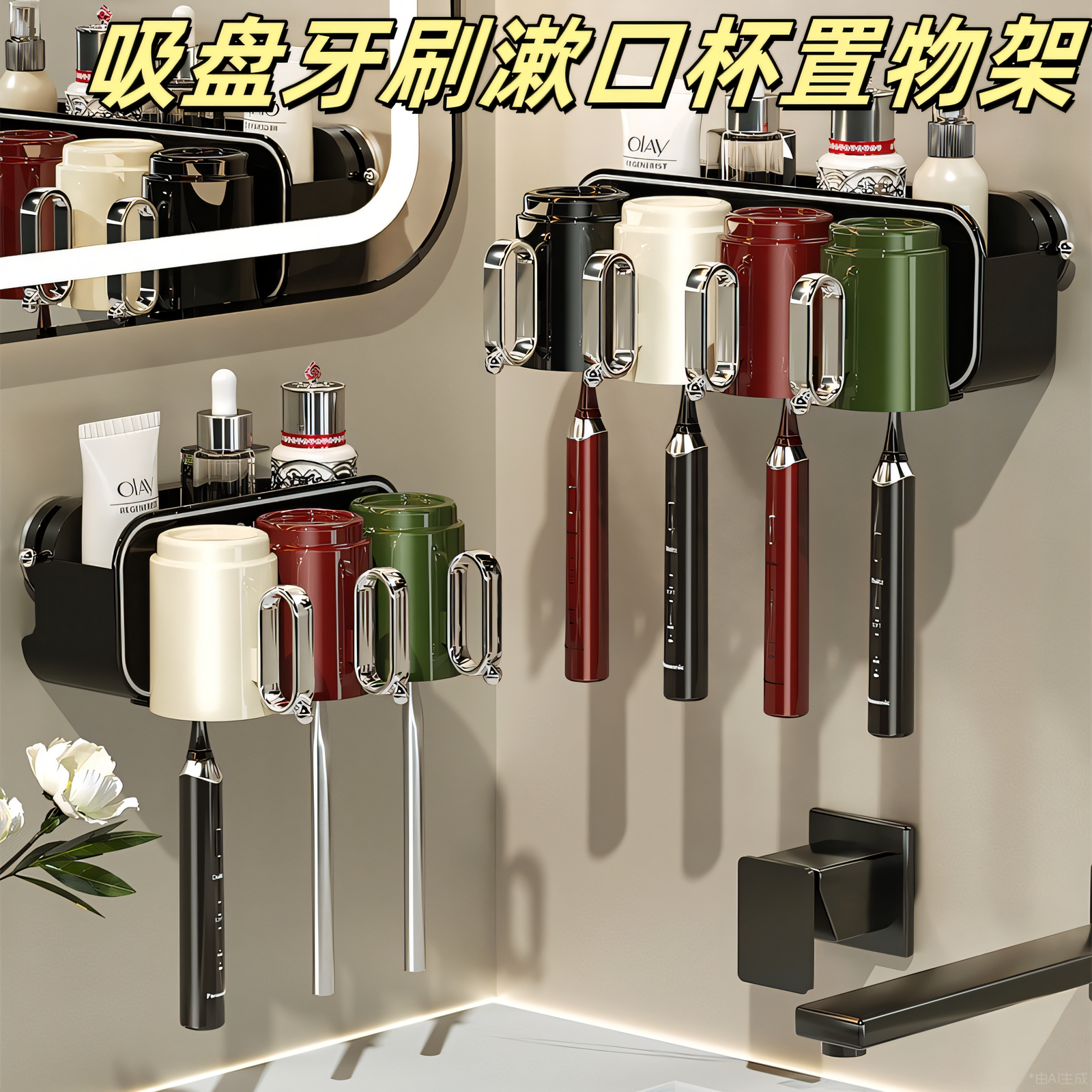 吸盘牙刷漱口杯置物架壁挂式免