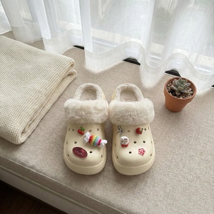 卡通可爱外穿防滑加绒加厚棉拖鞋 新品 家居 女秋冬季 增高冬天洞洞鞋