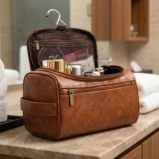 男士 商务出行洗漱包侧手提可悬挂化妆包皮革旅行用品收纳袋便携
