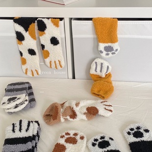 猫星人猫爪珊瑚绒家居袜保暖舒适毛茸茸加绒加厚版 green house