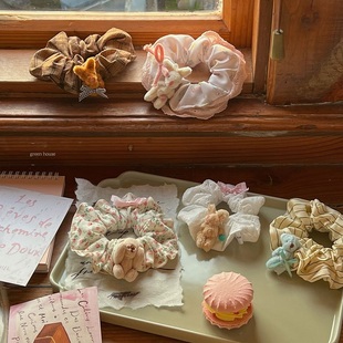 green 复古玩具熊兔子毛绒碎花布大肠发圈发饰 house