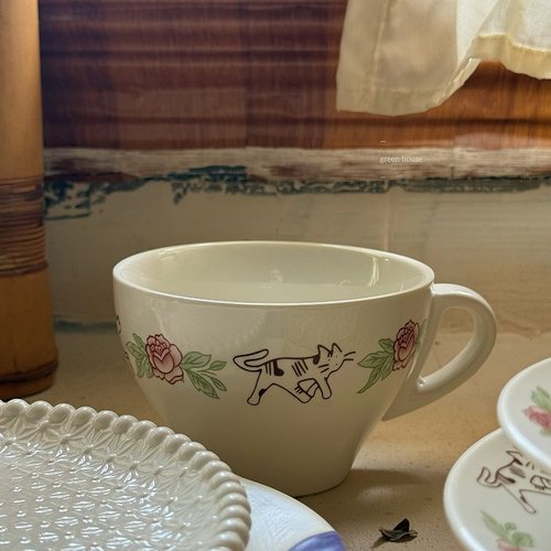 green house * 复古玫瑰猫狗花园陶瓷咖啡杯碟餐盘麦片碗