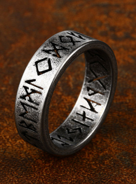 钛钢复古戒指卢恩符文维京人潮牌
