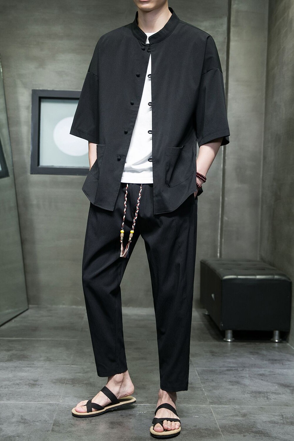 风冰丝衬衫大码仿亚麻宽松休闲长裤套装薄TZ1501P85限108,男装衬衫,电商A019
