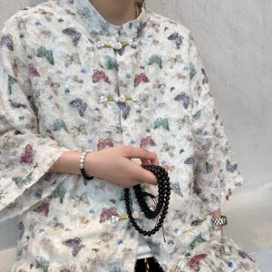 蝴蝶印花新中式流苏轻薄宽松落肩慵懒度假风衬衫 DT63 P55图片