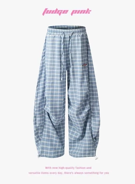 Fudge Pink 25春季美式复古宽松刺绣格子弯刀休闲长裤