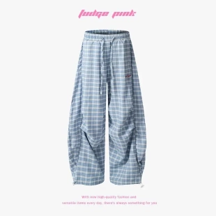 Fudge Pink 25春季美式复古宽松刺绣格子弯刀休闲长裤