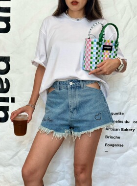 THEA买手店RICHIE MACIE牛仔镂空设计细闪印花牛仔短裤