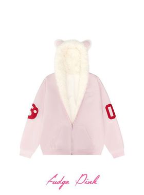 Fudge Pink 25冬季New实拍甜美少女简约百搭宽松连帽棉服外套