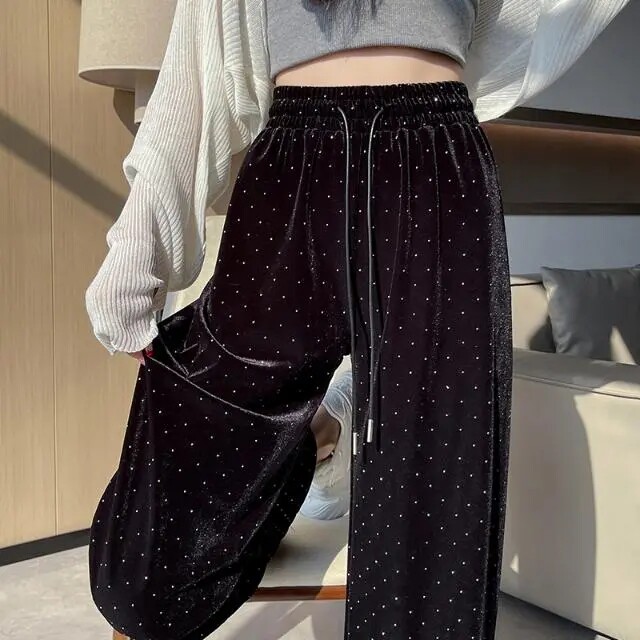 高腰烫钻金丝绒阔腿运动裤女秋冬宽松垂感满天星直筒休闲裤卫裤子