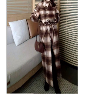 设计款时尚冬季新款羊绒毛呢格子女士中长款大衣细带外套优雅大气