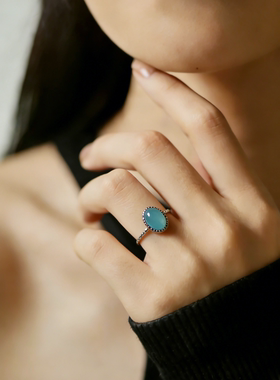 海蓝宝/红纹石椭圆戒面开口戒