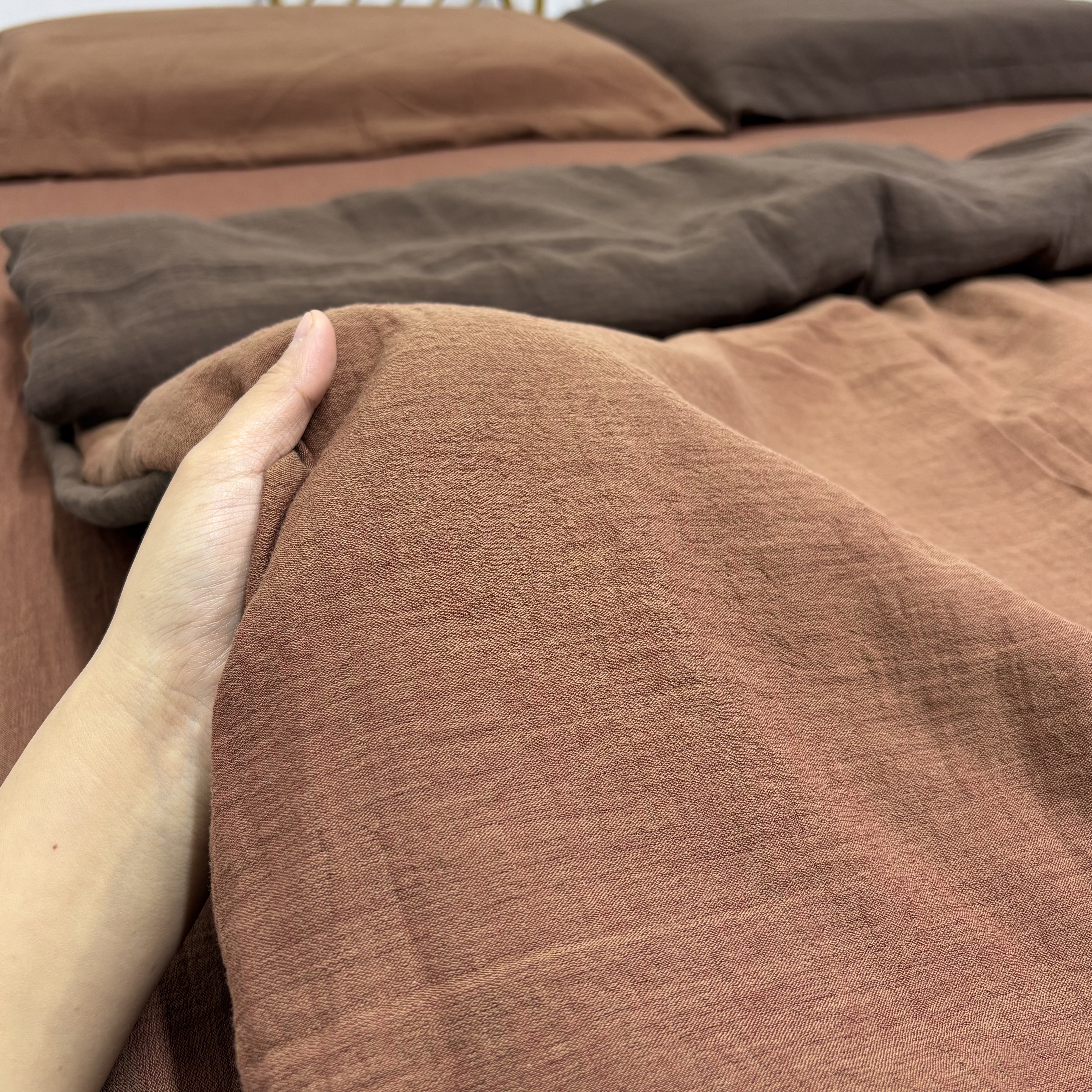 （纯色红咖）A类母婴级全棉炫彩双层纱被罩单件四季通用柔软舒适