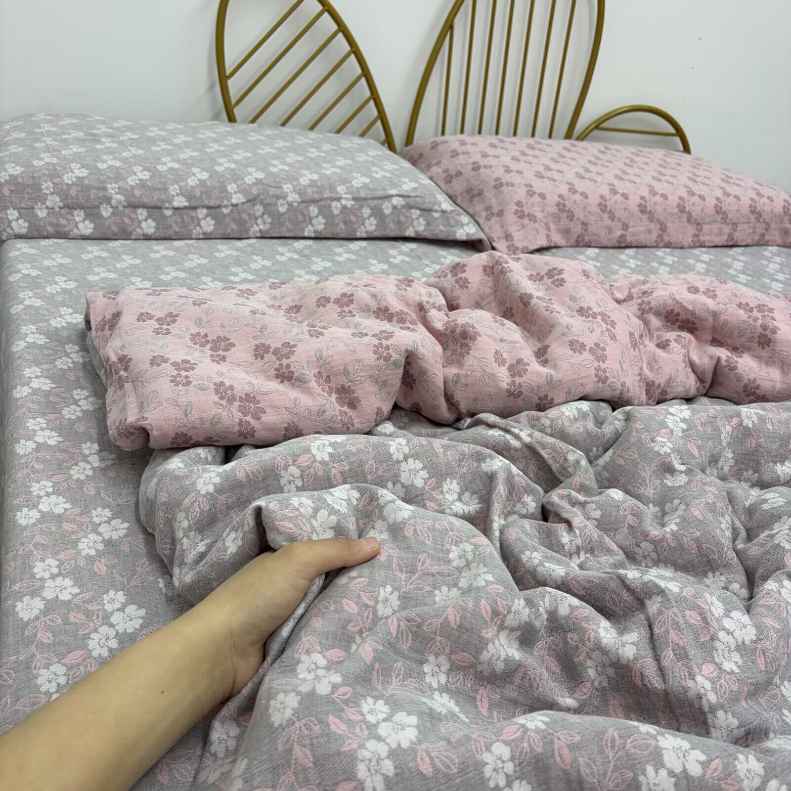 （花影灰粉）A类母婴级全棉炫彩双层纱被罩单件四季通用柔软舒适