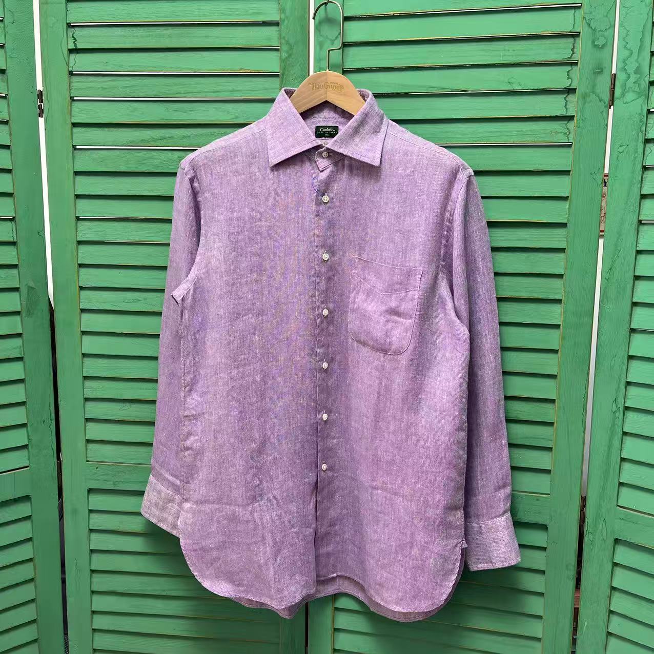 日本制 conbrio 通勤 稀少配色 温莎大领 长袖衬衫  纯麻 不扎手