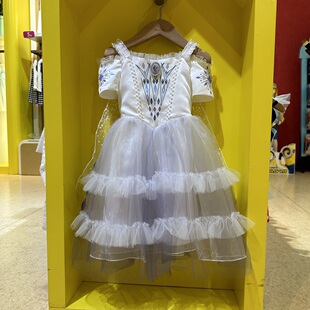 爱莎皇家舞会 女童白色蛋糕式露肩连衣裙 带可拆大披风
