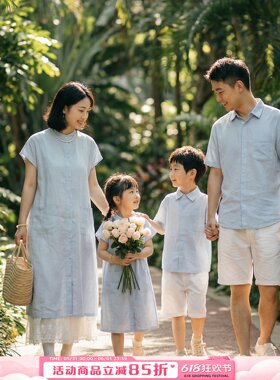 高端情侣装夏季条纹短袖衬衣母女装韩系亲子装宽松度假休闲家庭装