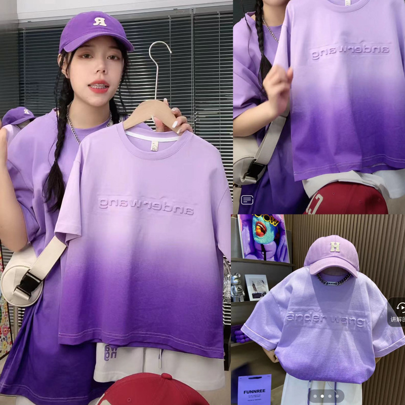 抖音同款2024新款新品渐变紫色短袖T恤亲子装大小童装一家三口四T