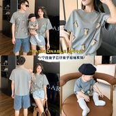 婴儿短袖 亲子装 潮立体小熊海边渡假大码 一家三口四口全家装 夏款