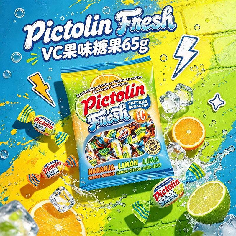 西班牙进口PICTOLIN无蔗糖混合柑橘味糖果VC酸甜解腻休闲零食65g