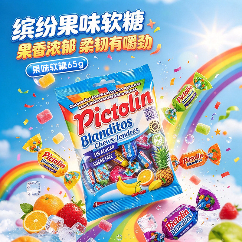 西班牙进口PICTOLIN无蔗糖水果味软糖解馋休闲零食65g