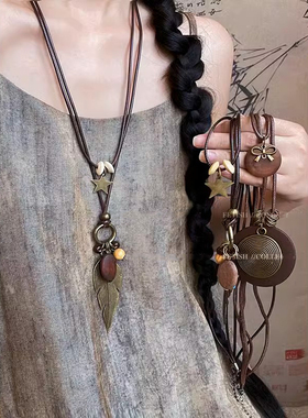 新中式禅意古铜羽毛项链复古波西米亚民族风双层叠戴长款毛衣链女