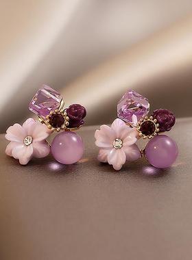 AA1410法式少女紫色系花朵耳环日韩气质多元素超仙小巧耳钉耳饰