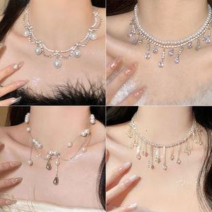 闪钻水滴流苏珍珠项链女小众高级感颈链法式气质choker锁骨链潮