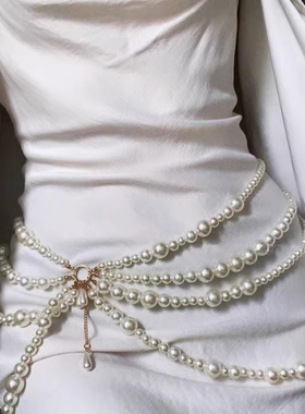 多层珍珠腰链女韩国裙子百搭复古甜美装饰流苏腰带毛衣连衣裙配饰