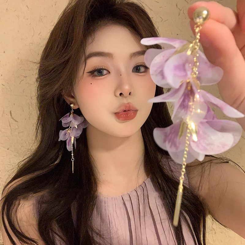 美丽轰鸣 紫色网纱流苏花朵耳环女气质长款耳坠耳钉独特夸张耳饰