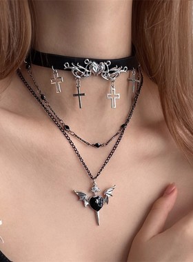 辣妹y2k暗黑风皮质爱心choker多层十字架项圈女小众涩谷风脖颈链