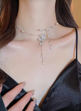 银色蝴蝶珍珠流苏项圈女2025新款爆款choker项链轻奢高级感颈链