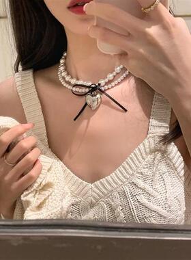 韩国ins甜酷风丝带蝴蝶结爱心双层珍珠项链女小众设计感锁骨链潮