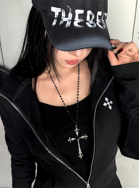复古暗黑风十字架项链哥特风长款镶钻毛衣链小众甜酷锁骨链