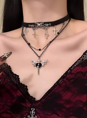 【虔诚信仰】暗黑辣妹十字架皮革项链万圣节锁骨链配饰