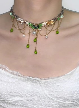 甜酷多层彩色玻璃串珠重工绿色蝴蝶项链设计感长款水晶流苏锁骨链