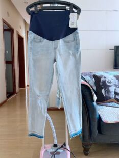 十月孕妇装 夏季水洗牛仔针织便裤孕妇裤无痕托腹漏洞牛仔裤