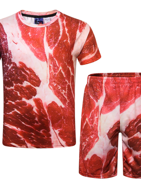 创意肥肉T恤假腹肌肉男装恶搞短袖T恤男3D印花五花肉恶魔骷髅衣服