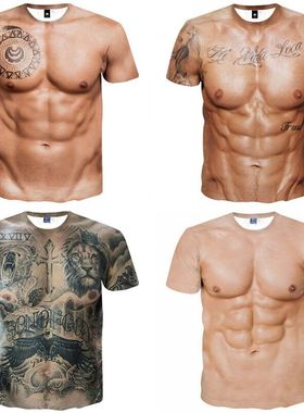 创意搞笑纹身肌肉衣服潮男t恤3D立体图案个性假腹肌胸肌肉短袖t恤