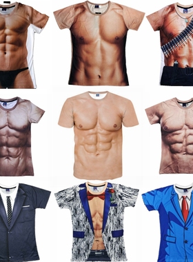 夏季短袖T恤男士装3D个性创意肌肉图案恶搞怪衣服腹肌性感印花潮