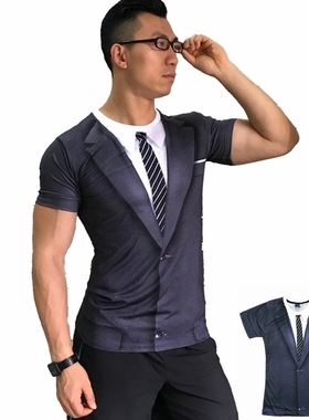 个性3d图案t恤创意西装恶搞假腹肌衣服女短袖肌肉男装潮年会衣服