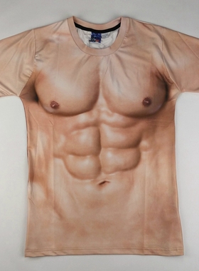 3d猴子立体五花肉肌肉男短袖T恤搞笑西装6块腹肌胸肌印花纹身衣服