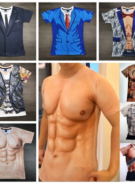 创意搞笑肌肉男t恤3D纹身衣服立体图案个性假腹肌胸肌肉短袖t恤潮