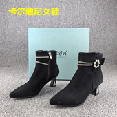 靴女2025秋冬新款 34码 处理羊反绒皮时装 尖头中跟真皮短筒单靴子女